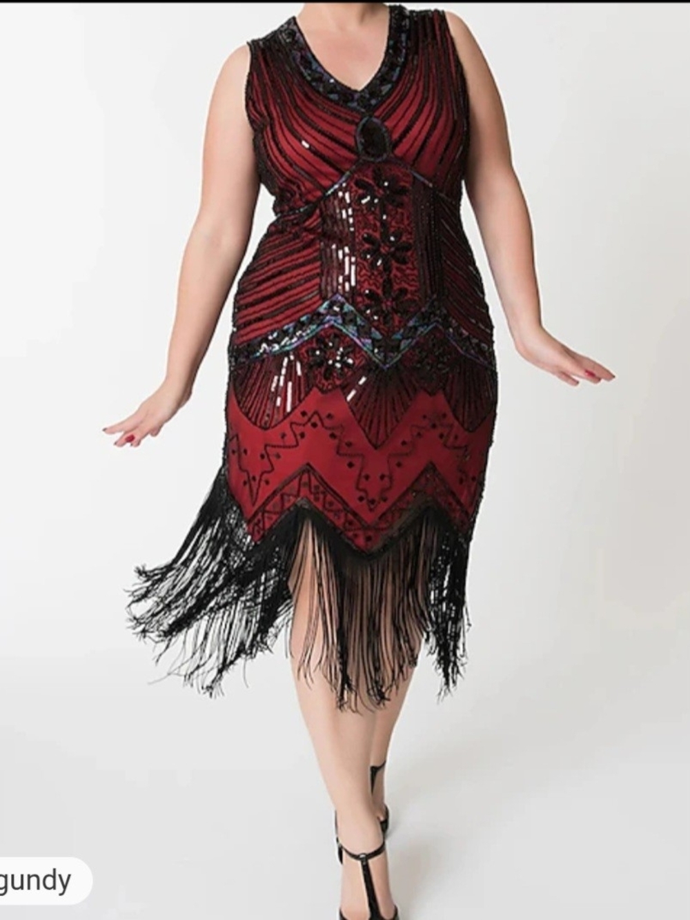 Plus-Size Burgundy Beaded Fringe Midi Dress